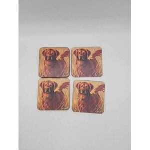 Vintage 1996 Golden Retriever Dog Cork Backed Drink Coasters Set of 4 Square